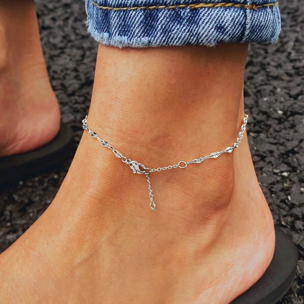 eManco Fine Stainless Steel  Silver Color Fish Lips Chain Anklet Women\'s Summer Beach Foot Jewelry Leg Minimalist Anklet
