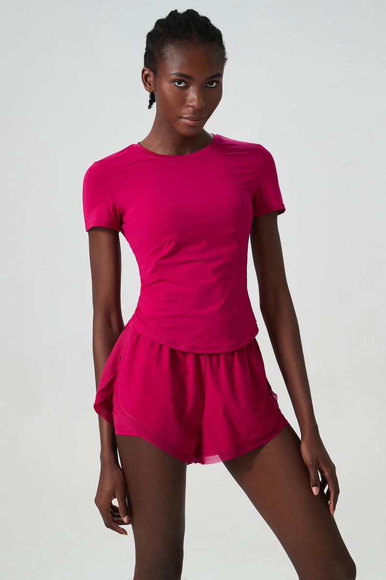 Frauen Zwei Stücke Fitness Yoga Set Sommer Einfarbig Kurze Sportswear Atmungsaktiv Schnell Trocknend Laufen Outdoor Anzug Turnhalle Kleidung – Detail 7