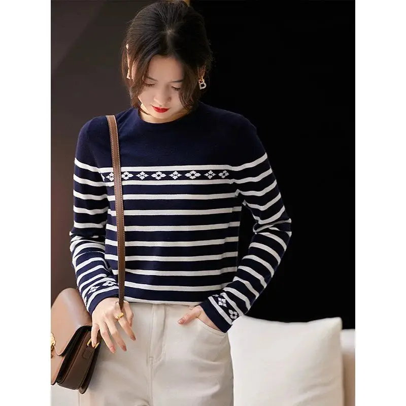 Women\'s Clothing Korean Fashion Striped Long Sleeve All Match Knitwear Spring Autumn Casual O Neck Loose Basic Tops Chic Jumpers