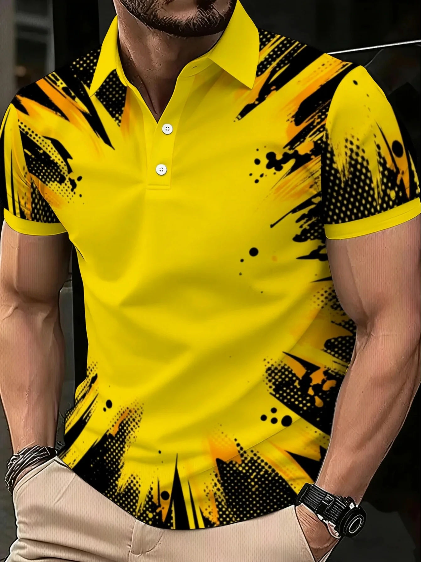 New men's short-sleeve polo shirt T-shirt, loose-fitting and tailored with printed patterns, versatile basic crew-neck top suita