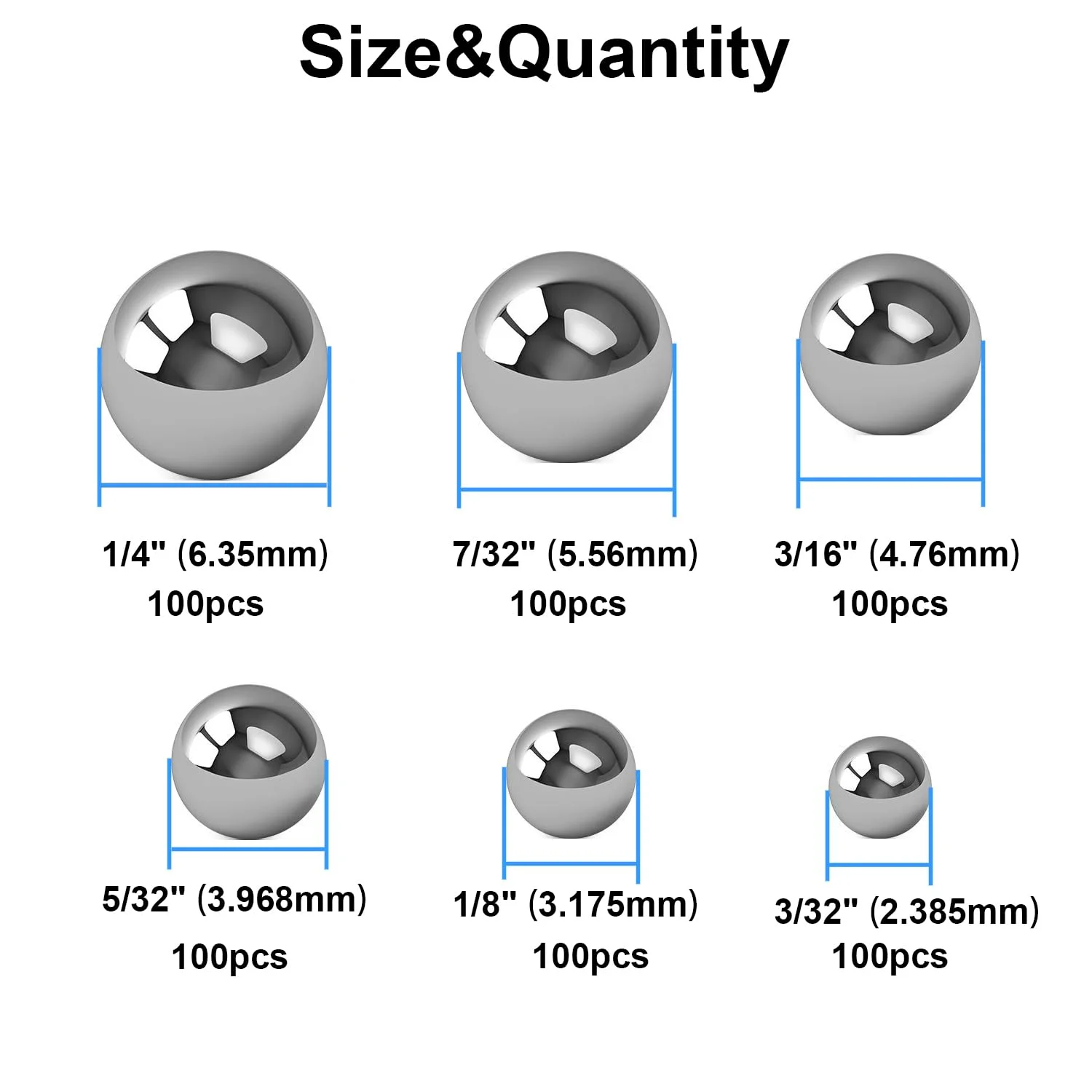 600 Pieces of 6 Size Combinations, 304 Stainless Steel Precision Balls, Bicycle Bearing Balls 1/4', 7/32', 3/16', 5/32', 1/8', 3
