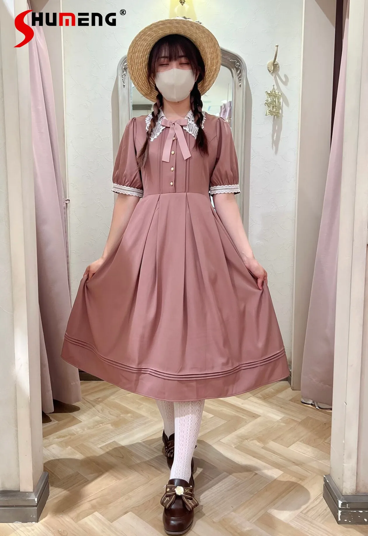 

Japanese Style Elegant Vintage Lace Splicing Collar Bow Short Sleeve High Waist Lace-up Slim A-line Long Dress Women 2026 Summer