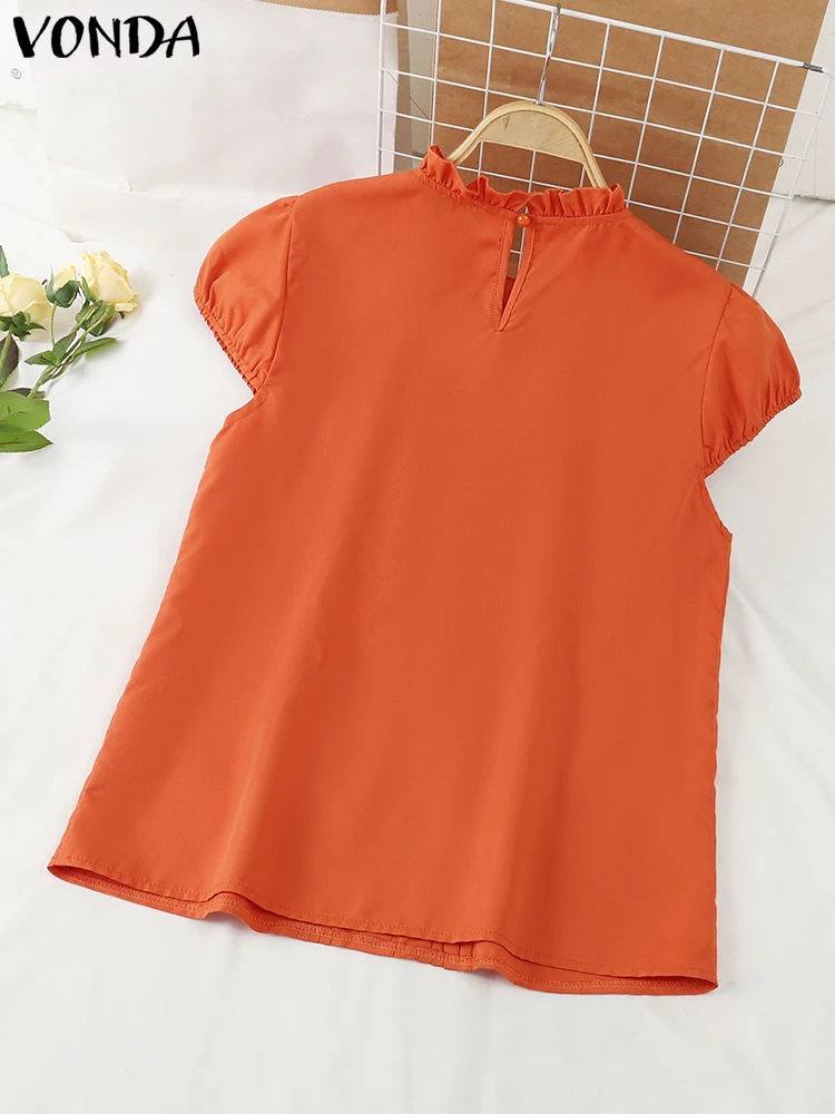 เสื้อเชิ้ตฤดูร้อน VONDA 2025 สีพื้น เรียบหรู แต่งระบาย แขนพองสั้น สไตล์ลำลอง ทรงหลวม คอตั้ง เสื้อผู้หญิง