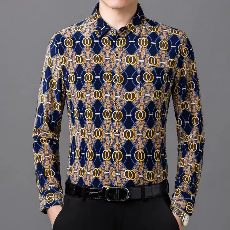 

Весенне-осенняя мужская рубашка из ледяного шелка с длинным рукавом и цветочным принтом, рубашка из ледяного шелка, деловой повседневный топ