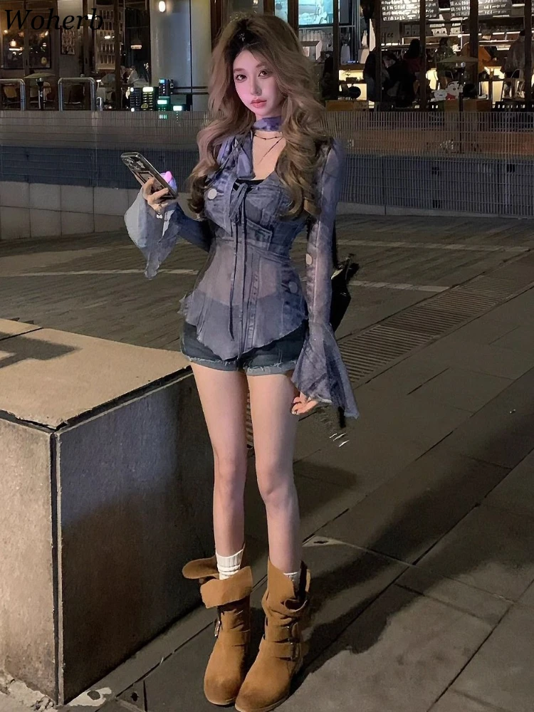 

Fashion Gauze Sexy Printing Shirt Women Clothing Flare Sleeve Irregular See Through Blouses Autumn Chic Bandage Slim Fit Blouse