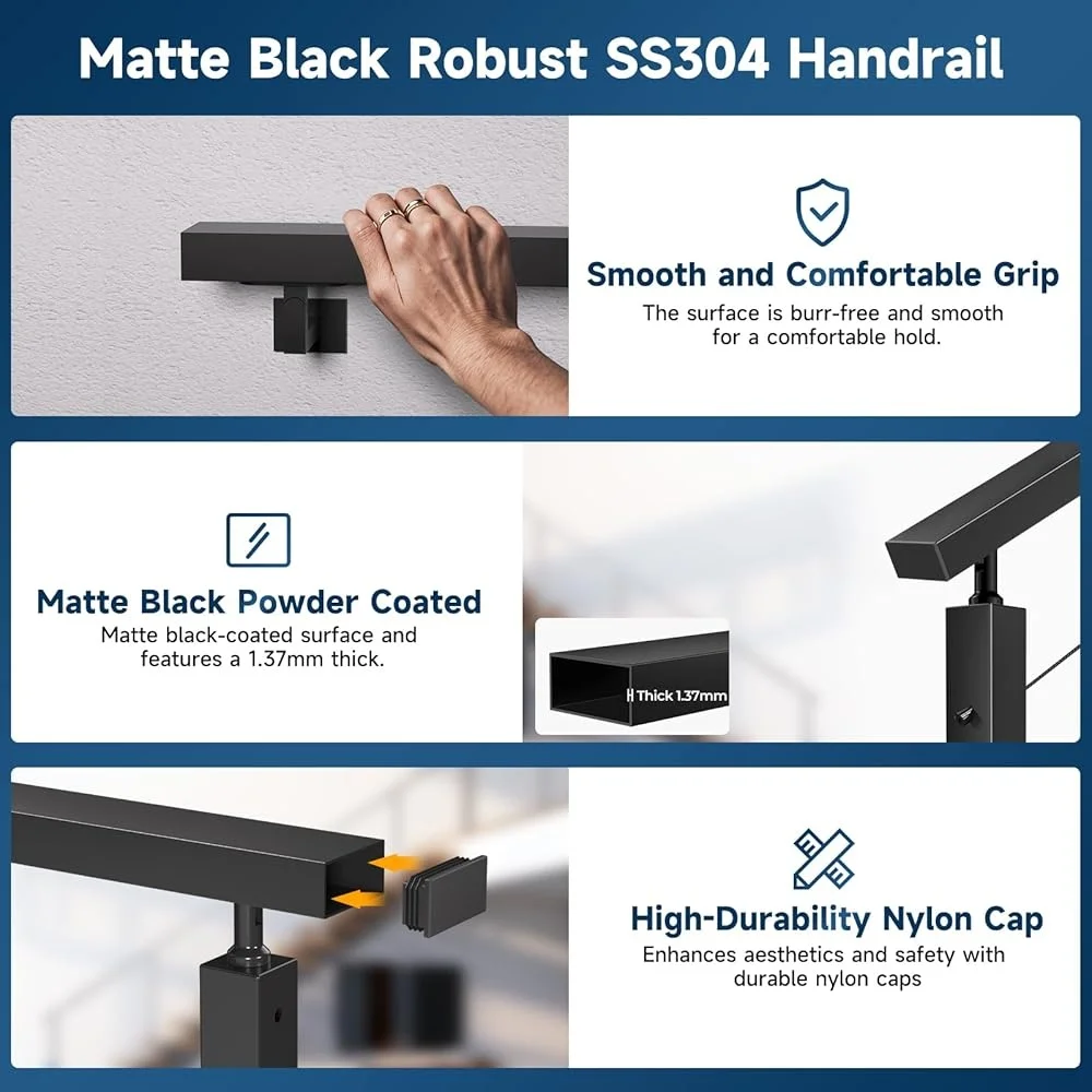 6'6" Stainless Steel T304 Black Handrail Rectangular Flat Top 4 Pack Indoor Outdoor Cable Railing Deck Stair System