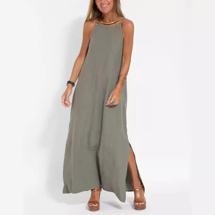 Wihte bawełniane lniane sukienki dla kobiet moda na co dzień sukienka z rozcięciem na ramiączkach solidne długie sukienki Boho Vestidos Verano Moda 2025