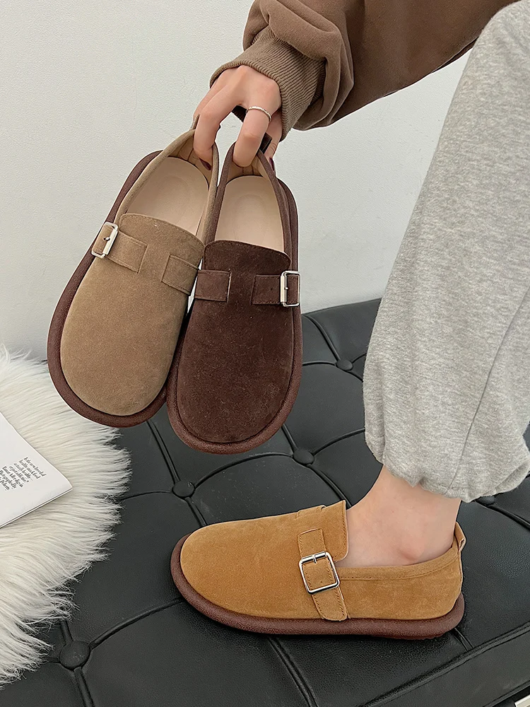 Retro Woman Shoes Round Toe Female Footwear British Style Casual Sneaker New Dress Summer Preppy PU Leisure Flock Rubber Buckle