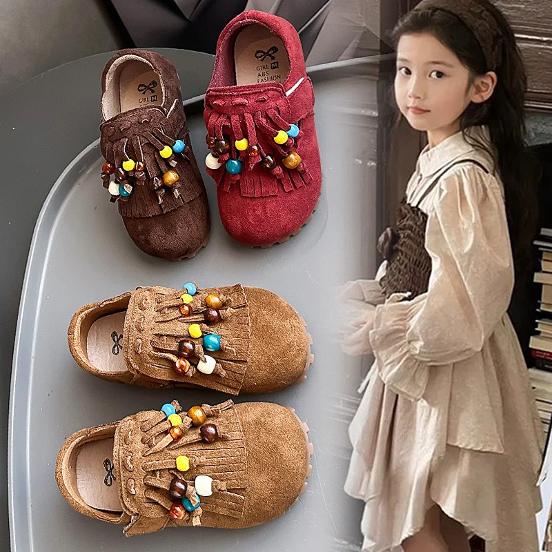 

Girls Moccasins with Sweet Tassels Kids Flat Shoes Round Toes Ethnic Style 2025 Autumn New Children Princess Shoes Soft Bottom