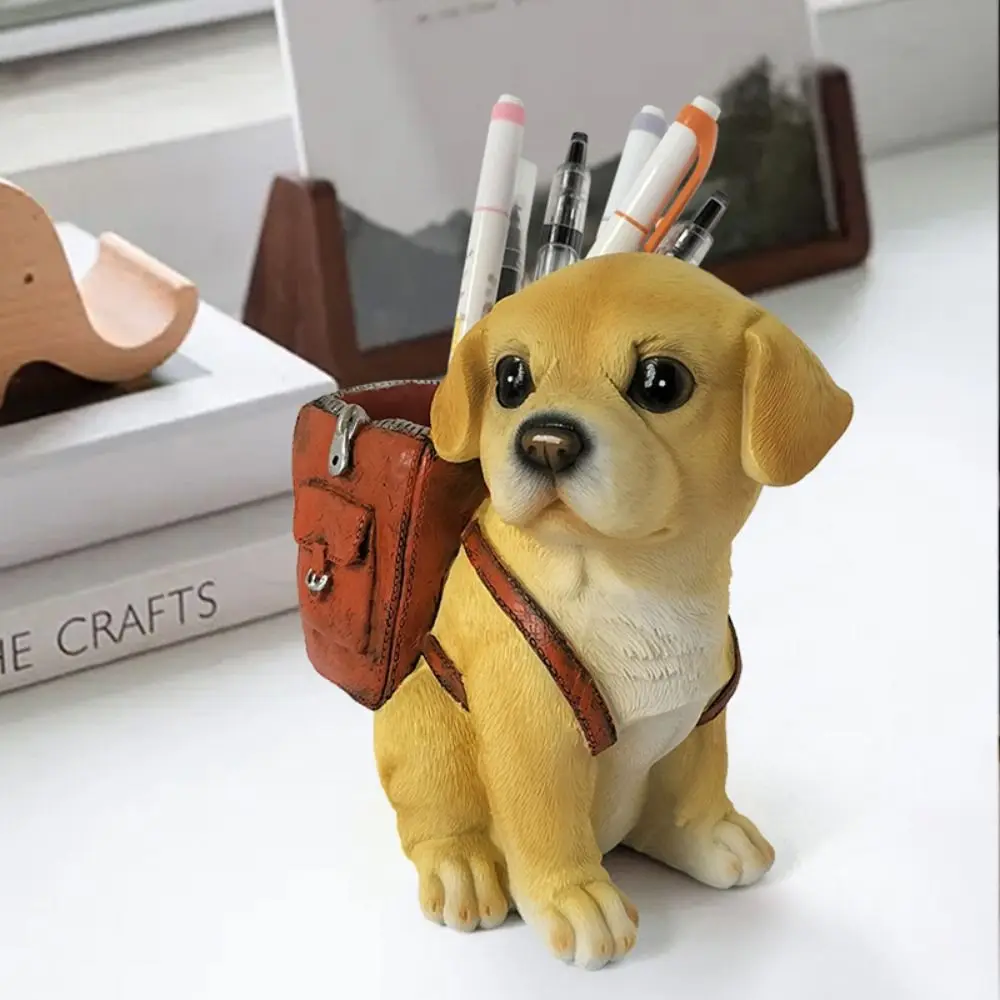 Funny With Backpack Dog Pen Holder Hand-painted Cute Lucky Dog Ornaments Cartoon Desktop Storage Rack Birthday Gift