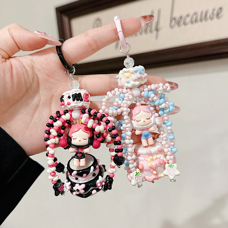 POP BEAN Diy Skullpanda Dimoo Cream Glue Cake Colorful Car Keychain Pendant Cute Moblie Phone Chain Hanging Accessories for Gift