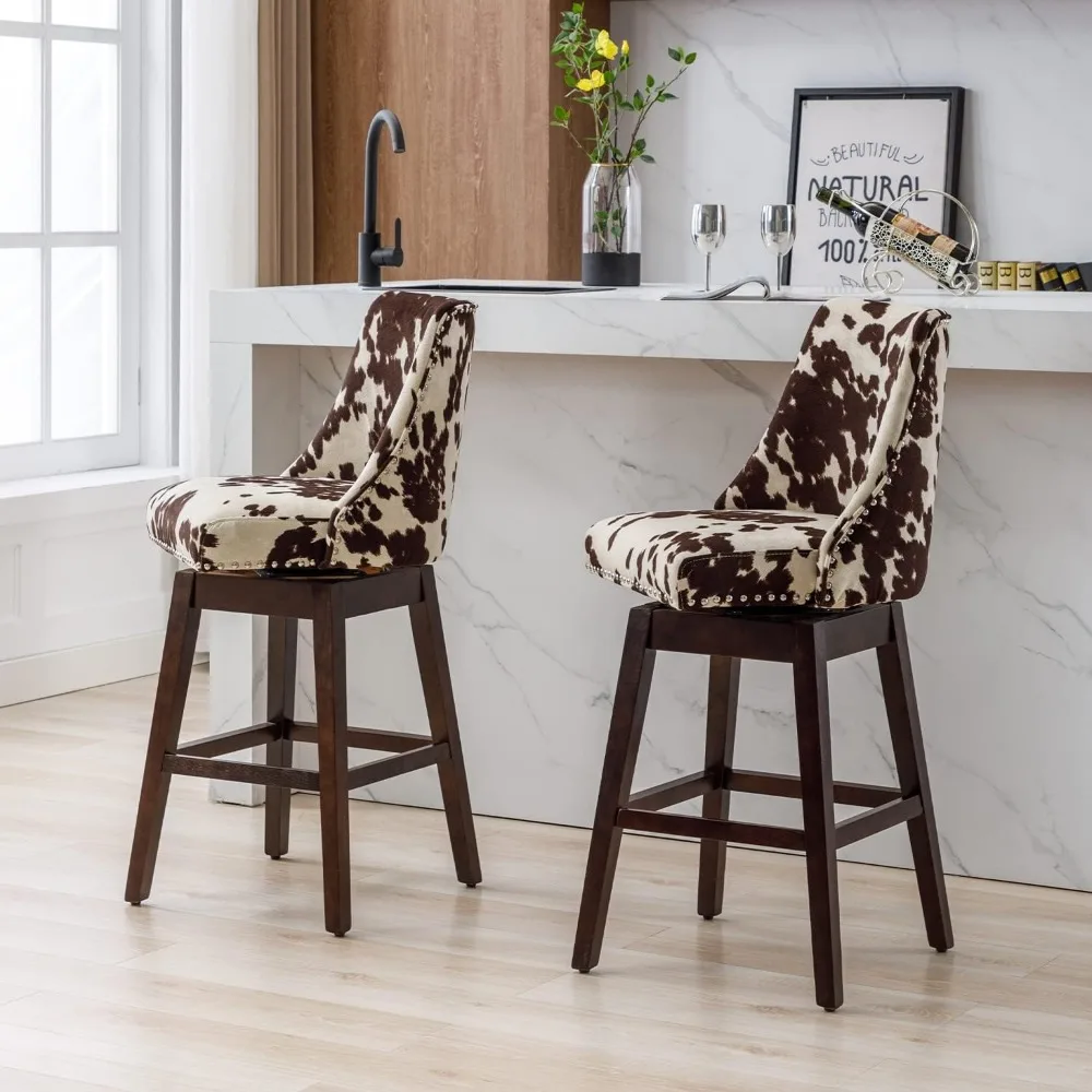 مجموعة مقاعد بار دوارة بارتفاع عداد حديث من منتصف القرن، كرسيين منجدين مخمليًا مقاس 27 بوصة بأرجل خشبية