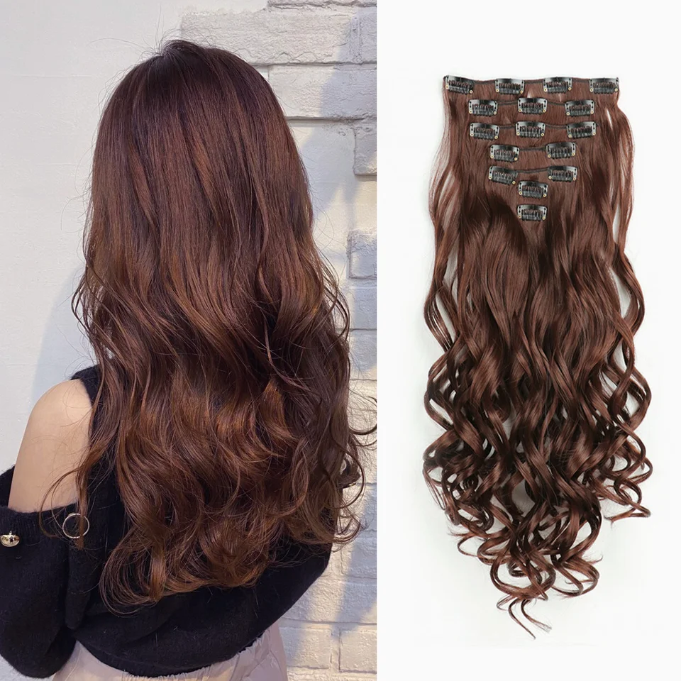 Extensiones de cabello con clip, 7 piezas para cabeza completa, 22 pulgadas, largas, rizadas y onduladas, sintéticas, naturales, para mujeres y niñas 6