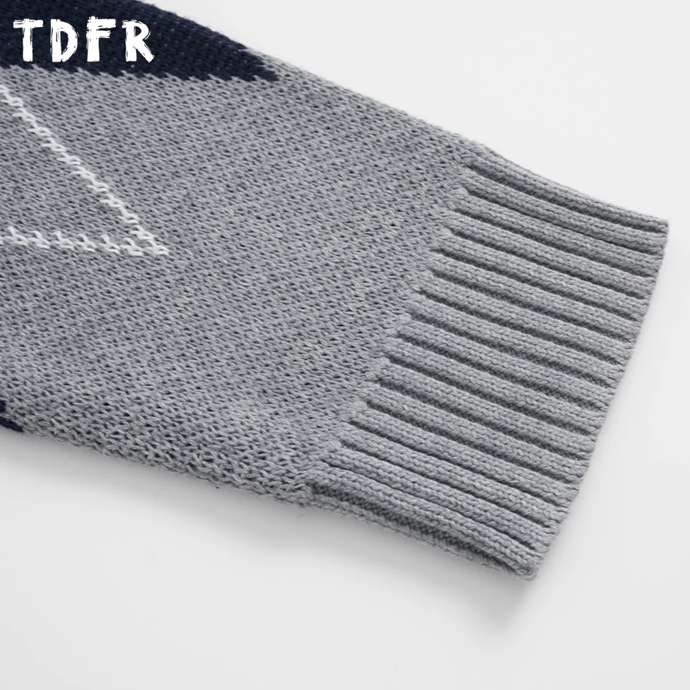 Suéter de Jacquard a cuadros con rombos para hombre, Jersey de punto de manga larga con solapa holgada informal Retro para otoño e invierno