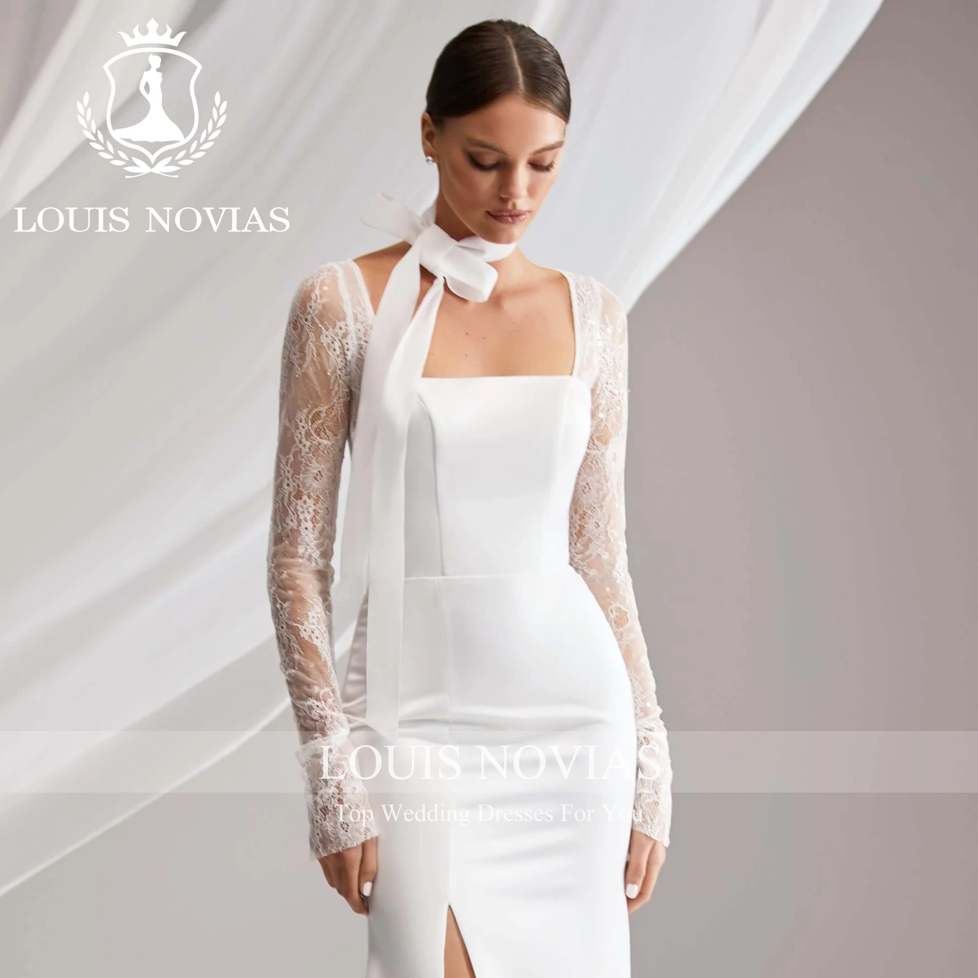 Louis Novias Zeemeermin Trouwjurk Met Lange Mouwen 2023 Vierkante Kraag Appliqueert Illusie Zijsplit Trouwjurk Vestidos De Novia