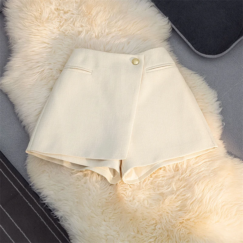 2024 Autumn Winter French Style Tweed Shorts for Women High Waist Slim Fit A Line Skirt Pants Wide Leg Woolen Casual Outerwear