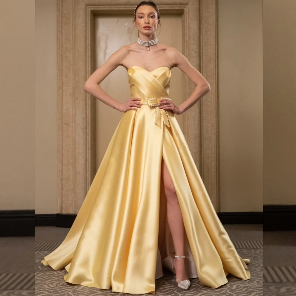 

Customized Sizes Available Charmeuse Pearl Bow Pleat A-line Strapless Long Dresses Bespoke Occasion Elegant