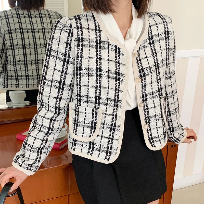 Rimocy Elegant Pearl Single-Breasted Plaid Jacket Women Chic Autumn Mixed Color Crop Coat Woman Korean Long Sleeve Jacket Female