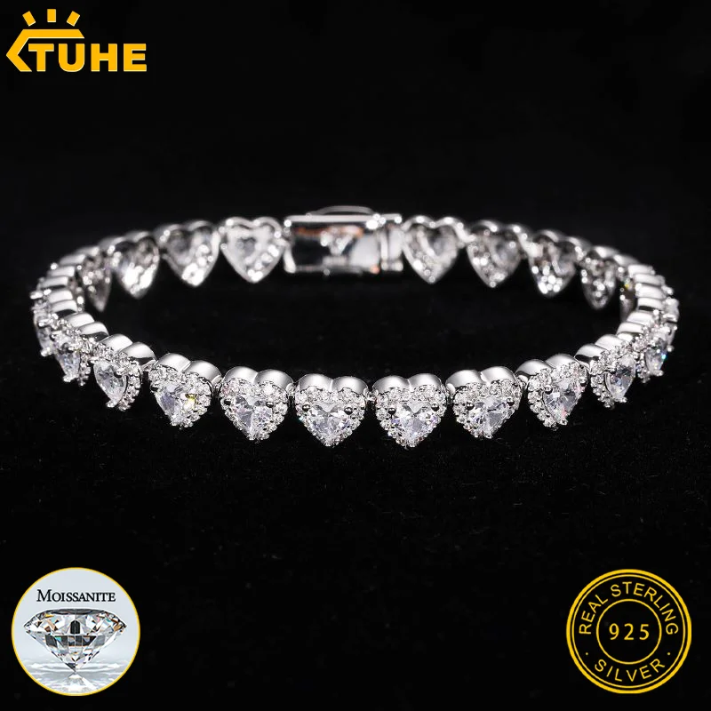 

TUHE S925 Silver Heart Shape Moissanite Tennis Chain Ice Out VVS1 D Color Moissanite Necklace for Men Women Hip Hop Jewelry Gift