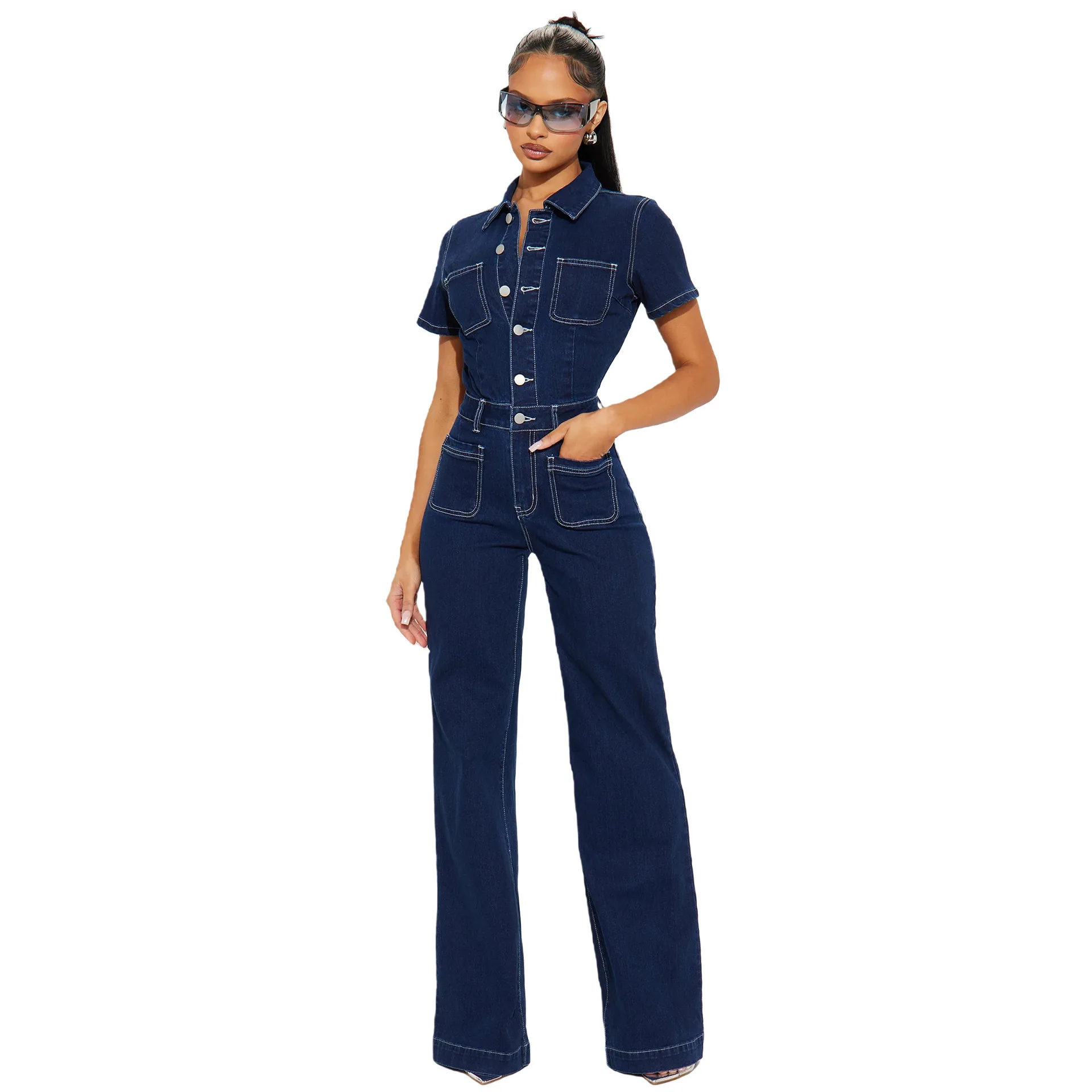 Loose plus Size Denim Jumpsuit Women's One-Piece Overalls Wide Leg Pants Long Pants Cotton Fabric Cross-Border Washed