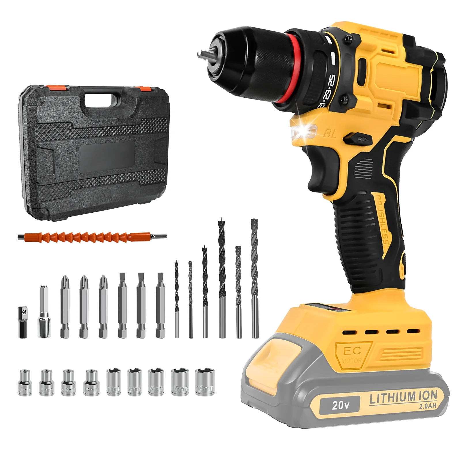 

Brushless Cordless Drill Set 2 Speeds 25+1 Torque Setting 60Nm 24pcs Accessories Drill Kit 10mm Chuck for Dewalt 20V Battery