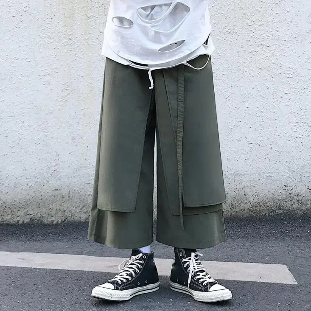 Fake Two-Piece Pants Men Male New Loose Wide-Leg Trousers Casual Straight Streetwear Spring Autumn Hip-Hop Pantalons Capris