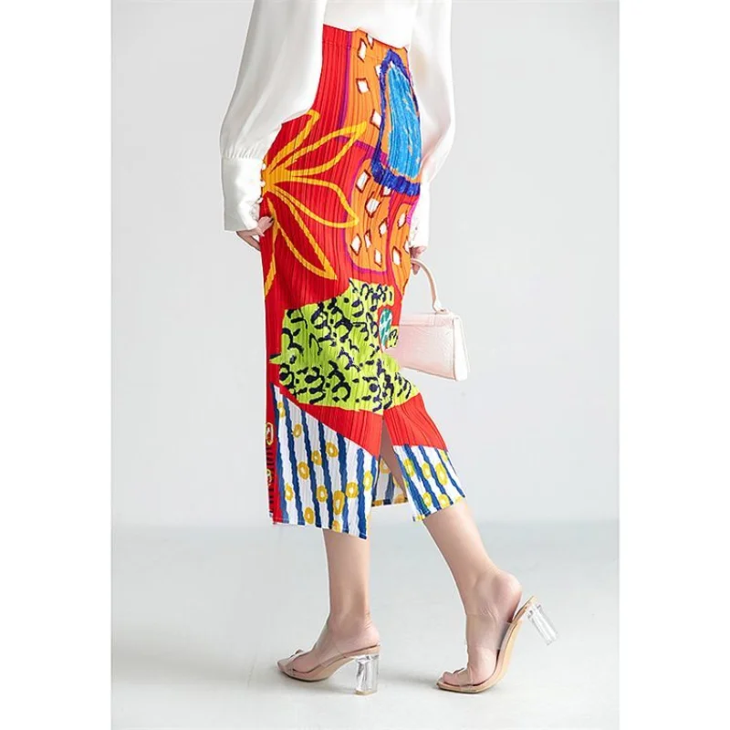 Spring and Summer Women's Splicing Contrast Color High Waist Loose Elastic Bag Hip Straight Folds Korean Fashion Commute Skirt