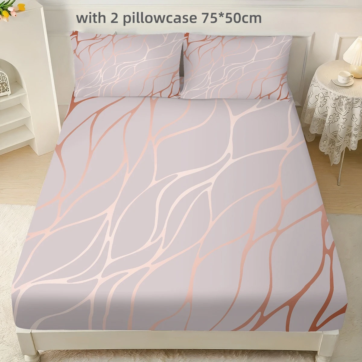 3PC Microfiber Satin Fitted Bed Sheet with 2 Pillowcase Anti-slip Printed Stretch Black Fitted Sheet 90x190 180x200 200x220