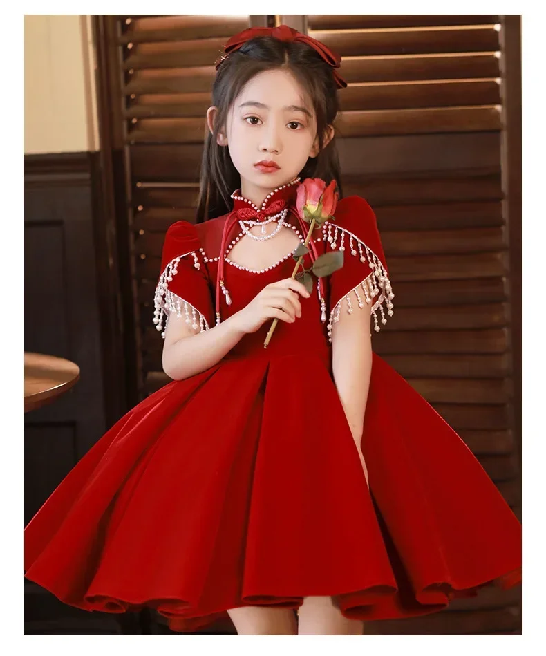 Meninas elegante vermelho princesa vestido de baile crianças aniversário batismo festa casamento piano desempenho vestido flor vestidos da menina