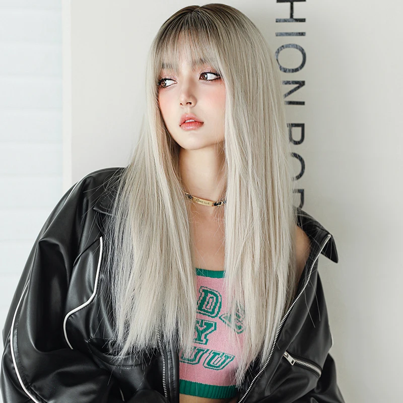 7JHH WIGS Costume Wig Synthetic Long Straight Ombre Blonde Wigs with Dark Roots High Density Ash White Wig for Women Cosplay Wig