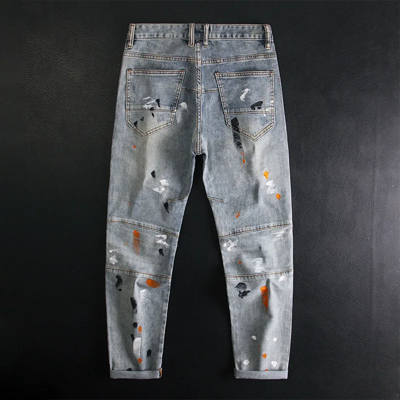 2025 New Graffiti Splash Ink Splicing Jeans for Men, Slim Fit, Small Feet, Elastic, Nostalgic, Heavy Weight Denim Pants