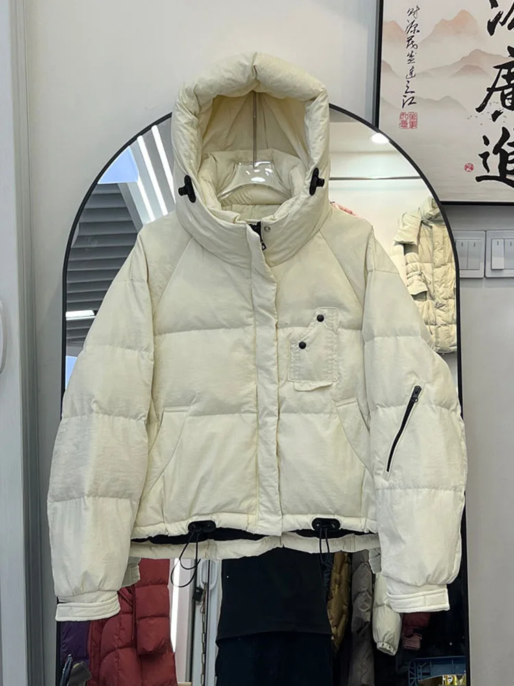 

Winter Solid Puff Hooded Short Down Jacket Women White Duck Down Parker Pocket Outwears Female Drawstring Zipper Quilted Jackets