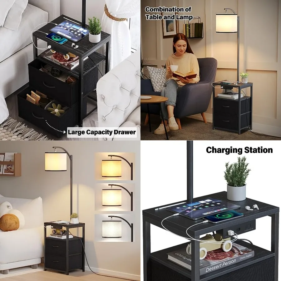 

Floor Lamp with Table and 2 Drawers, Lamp with USB Port and Outlet, Lamps for Nightstand with 3 Color Temperature Led Bulb Incl