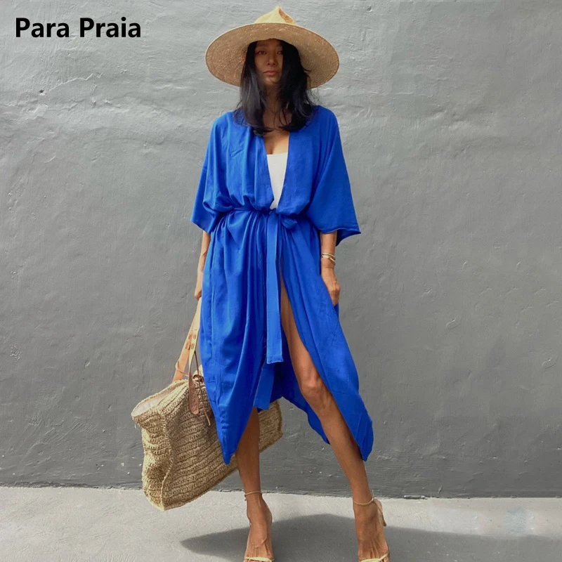 Para Praia 기모노 2025 비치 로브 맥시 롱 드레스 코튼 비키니 커버 업 비치웨어 사롱 여성 루즈 카디건 수영복 커버