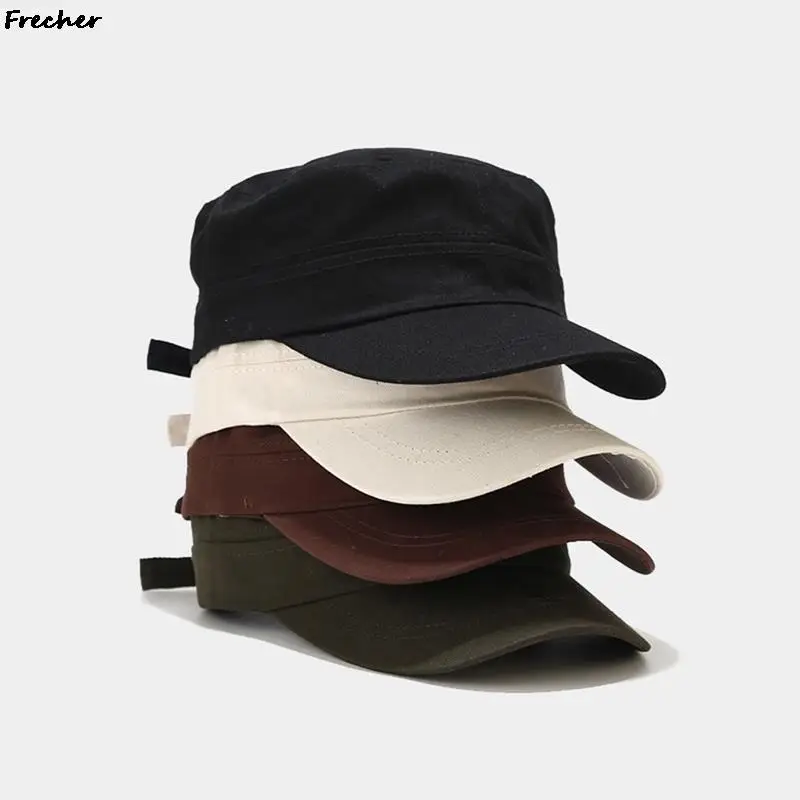 Mens Solid Color Visor Hat Breathable Cotton Army Cap Simple Plain Caps Adjustable Buckle Cadet Hats Man Casquette Comfortable