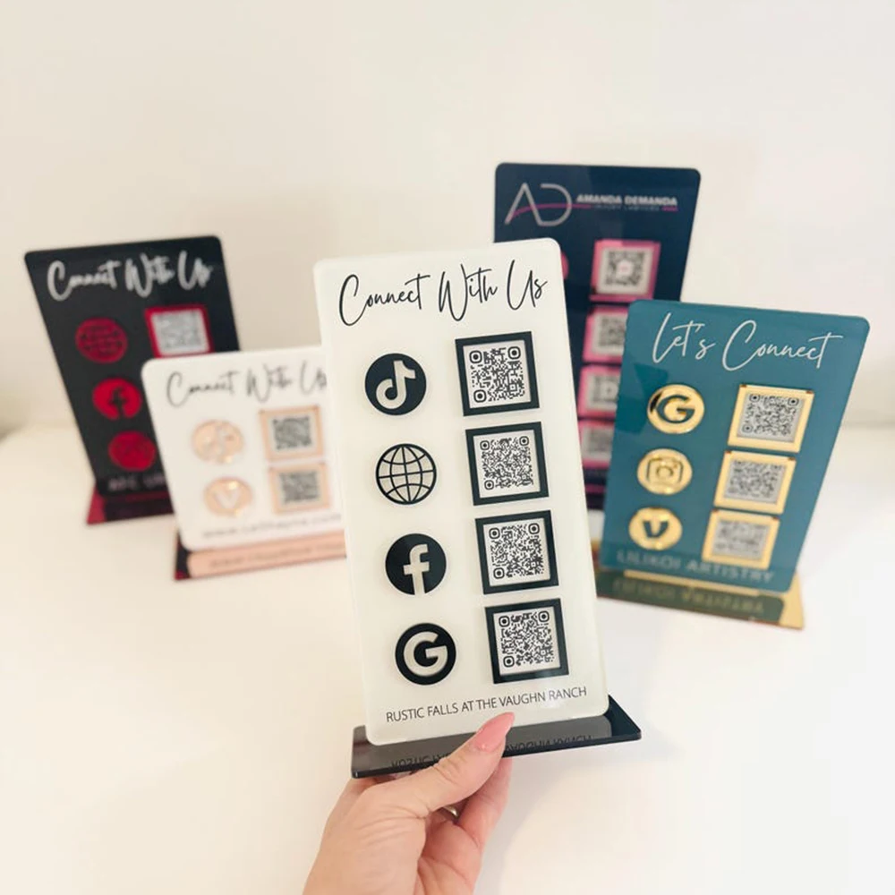 لوحة أكريليك قابلة للتخصيص لرمز الاستجابة السريعة، شعار متجر شخصي، صفحة قائمة المطاعم، الدفع، اتصال واي فاي، مراجعة الوسائط الاجتماعية