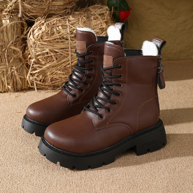 

2025 New Women's Winter Ankle Boots - Soft Leather Lace-Up Mid Heel Booties Faux Fur Lined British Style Platform Retro Boots