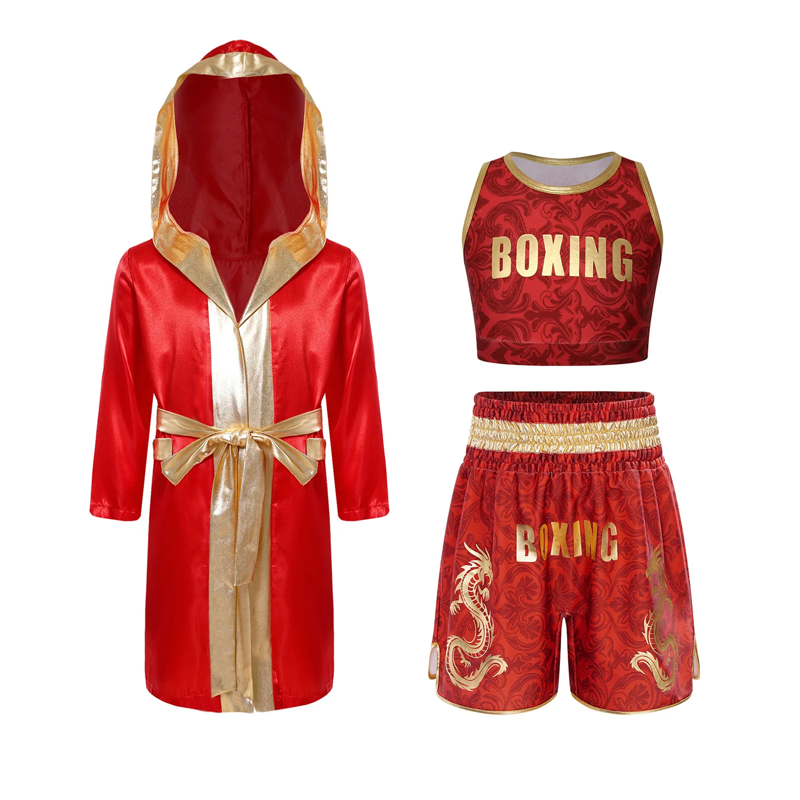 Kinder Jungen Mädchen Metallic-Verzierung Kampf-Boxoutfit mit Kapuze, Boxermantel und Gürtel, Blumenmuster-Weste mit elastischem Bund und Shorts – Detail 6