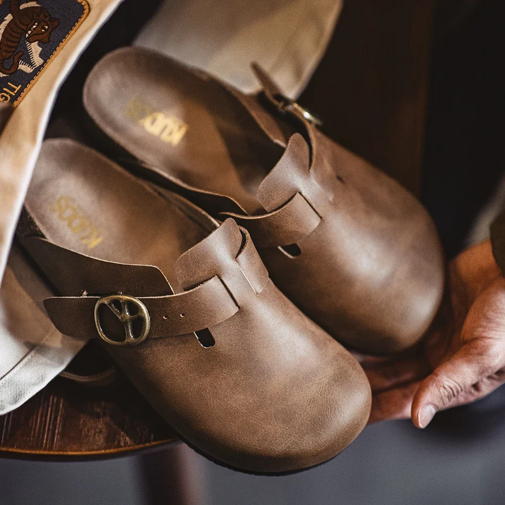 

Maden Men's Vintage Brown Crazy Horse Leather Mules Adjustable Slide-On Shoes with Thick Cork Sole Casual Slippers for Spring