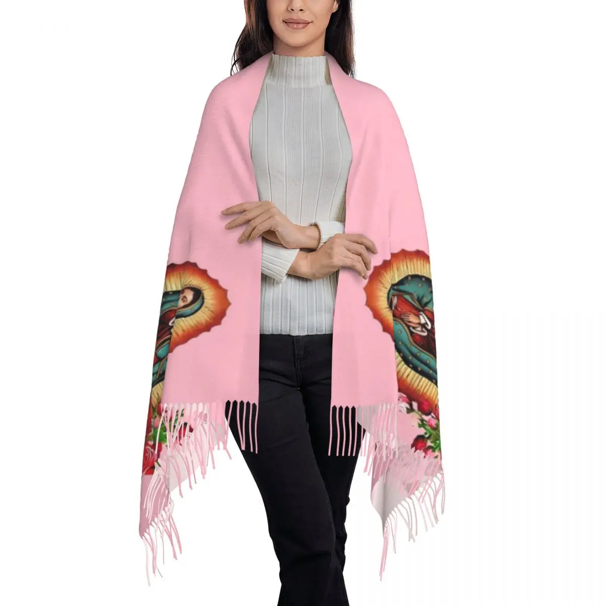 Custom Our Lady Of Guadalupe Mexican Virgin Mary Mexico Tassel Scarf Women Soft Shawls Wraps Ladies Winter Scarves