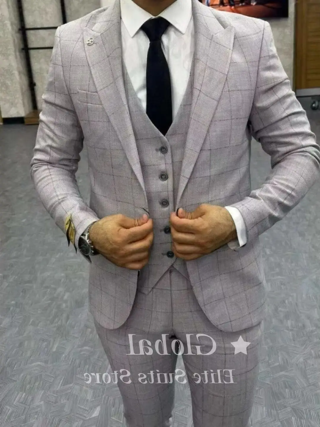 Light Grey Windowpane Plaid Men 3 Piece Suit Notch Lapel Single Breasted Formal Business Office Wedding Casual Customized