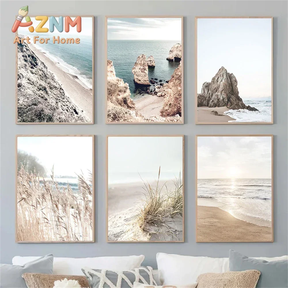 AZNM Coastal Beach Canvas Wall Art Neutral Sea Cliff Reed Boat Ocean Landscape Boho Nature Art Print Unframed Canvas Poster for