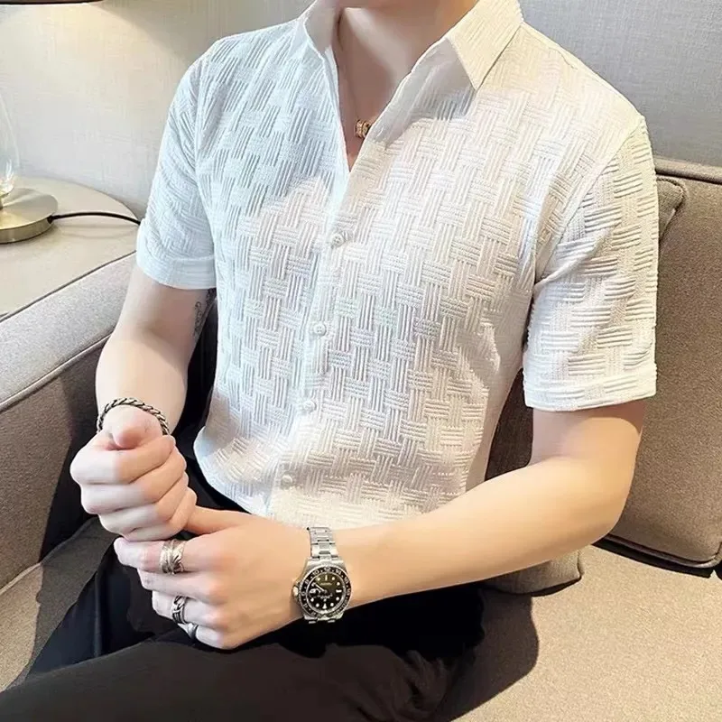 

Men's Slim Fit Long Sleeve Shirt Textured Grid Pattern Button Down Blouse Business Casual Tops