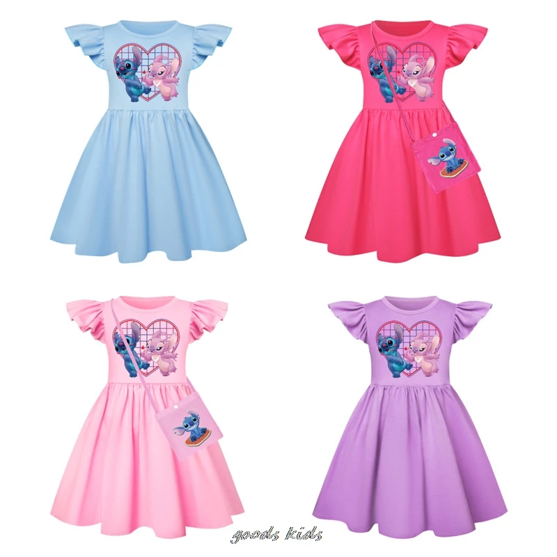 Vestido y bolso de manga de mosca de Lilo y Stitch para niña, disfraz de Cosplay para niños, trajes de princesa para fiesta de cumpleaños