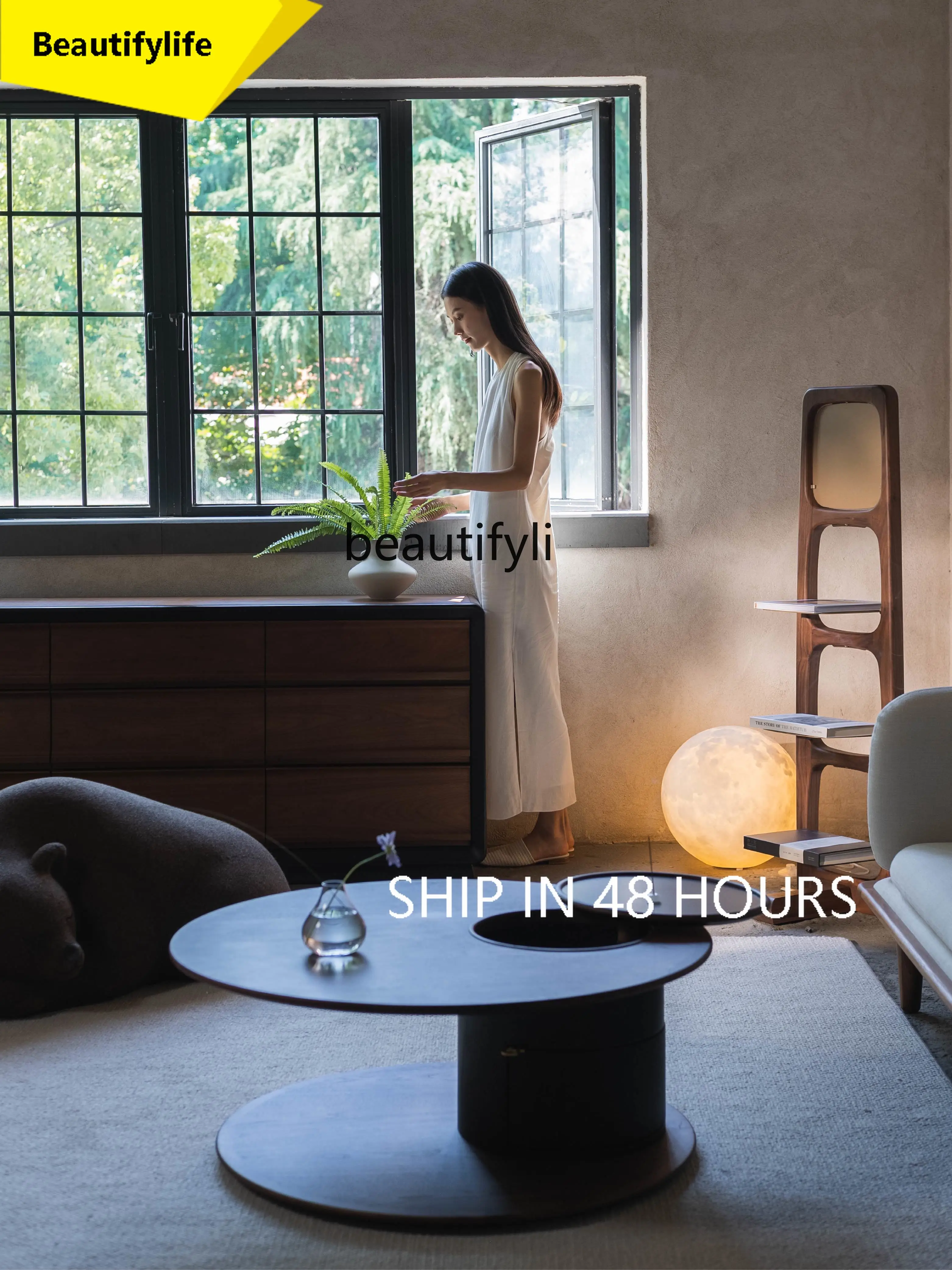 

A38 Living Room Home Wabi-Sabi Style Minimalist Black Solid Wood Round Low Coffee Table