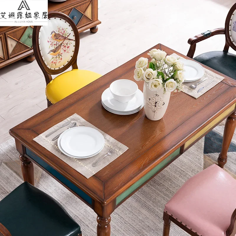 American Country Solid Wood Small Apartment Home Mediterranean Living Room Multi-Functional Rectangular Dining Table