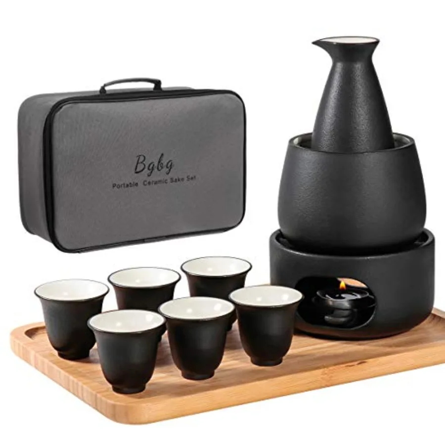 

Ceramic Sake Set with Warmer Pot Bamboo Tray-Traditional Japanese Pottery Hot Saki Set 11-Piece including 1 Sake Pot6 Sake Cups