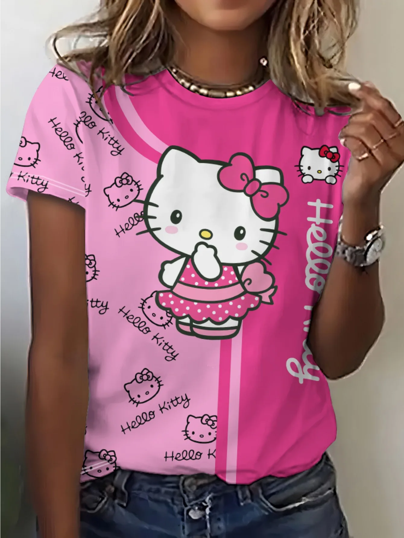 

Женская розовая футболка Hello Kitty - очаровательная графика Kitty - милый повседневный топ с принтами "Hello Kitty" для фанатов