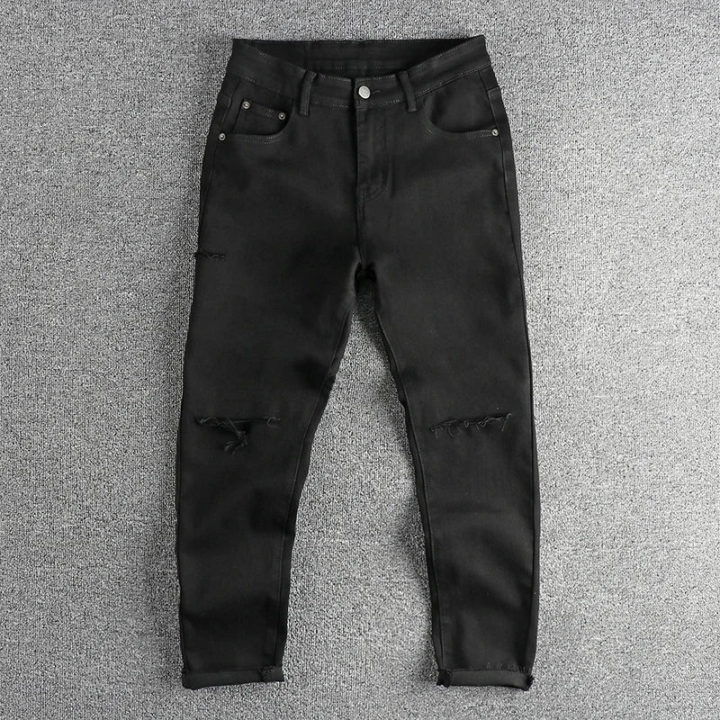 

Black Slim Fit Men's Jeans High Street Style Tear Craft Fashionable Casual Pants mid Waist Zipper Closure Breathable Denim