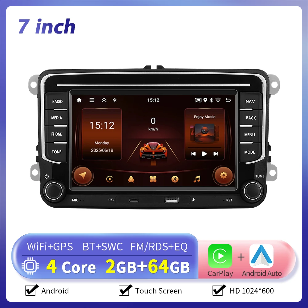 Camecho 7 Inch Draadloze CarPlay Android Auto Radio GPS Multimedia Voor Volkswagen VW Passat B6 B7 CC Tiguan Touran GOLF POLO